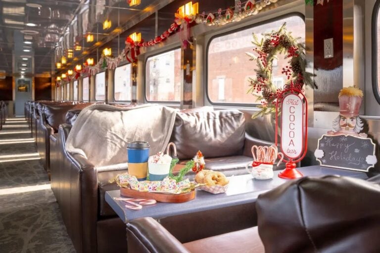 Festive holiday decorations inside Gettysburg Railway train car.