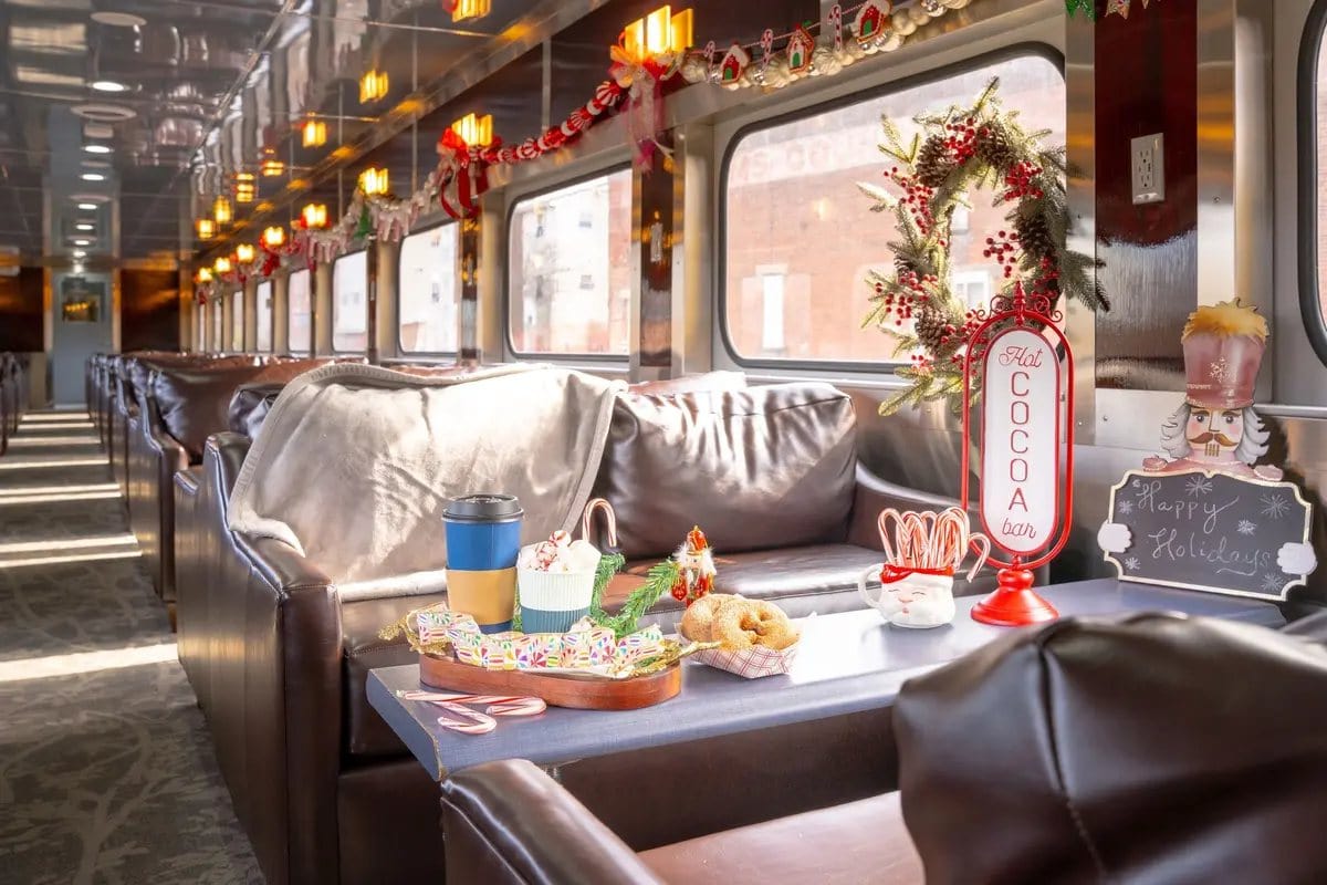 Holiday-decorated railcar on the Cozy Cocoa and Coffee train in Gettysburg, PA
